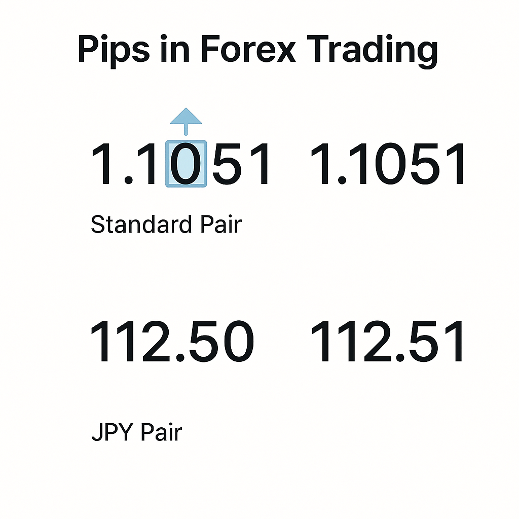 Illustration showing a one-pip price movement in a forex pair, including an example for JPY pairs