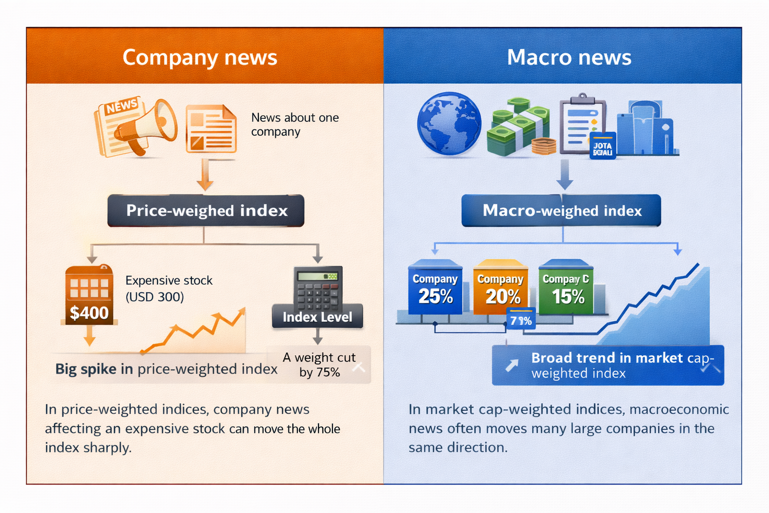 Flow chart showing company news driving sharp moves in price-weighted indices and macro news driving broader trends in market cap-weighted indices