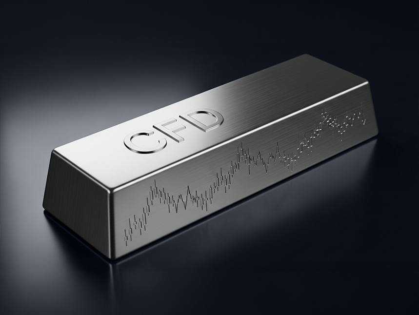 Silver bar with engraved CFD and price chart, representing contract for difference trading and market price movements.