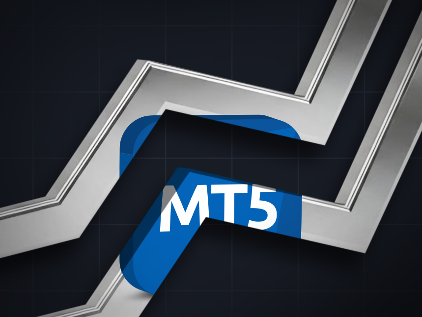 Logótipo MT5 sobreposto com linhas de preço em ziguezague ascendentes e descendentes num fundo de gráfico de negociação escuro, representando a volatilidade do mercado e o movimento de preços.