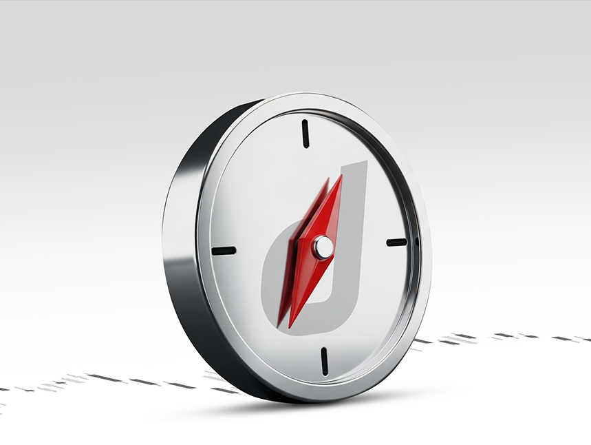 Una brújula metálica moderna con una aguja roja y una "d" estilizada en el centro, simbolizando navegación y dirección durante condiciones de mercado inciertas o volátiles.