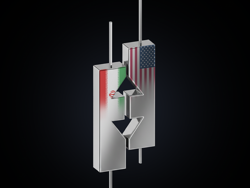 Two stylised candlestick chart bars, one featuring the Iranian flag and the other the US flag, with jagged edges symbolizing market volatility and conflict during geopolitical crises, set against a dark background.