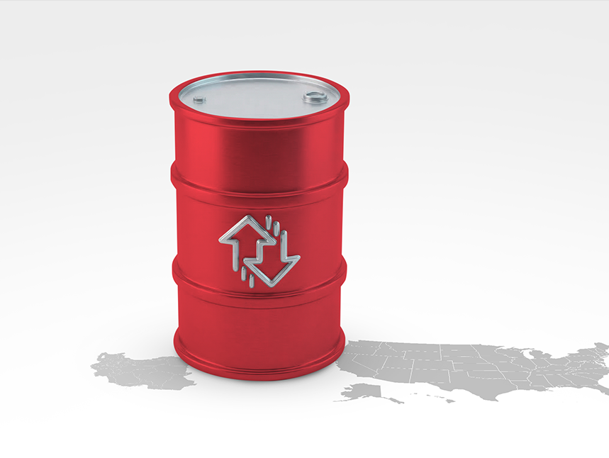 A red oil barrel with up and down arrows symbol on the side, positioned over a faint map outline, representing energy market volatility and geopolitical risk in oil trading.