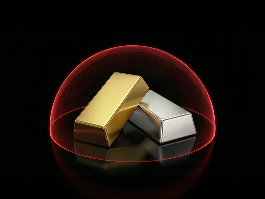 A gold bar and a silver bar under a glowing red protective dome, symbolising safe-haven assets and risk management in precious metals trading.