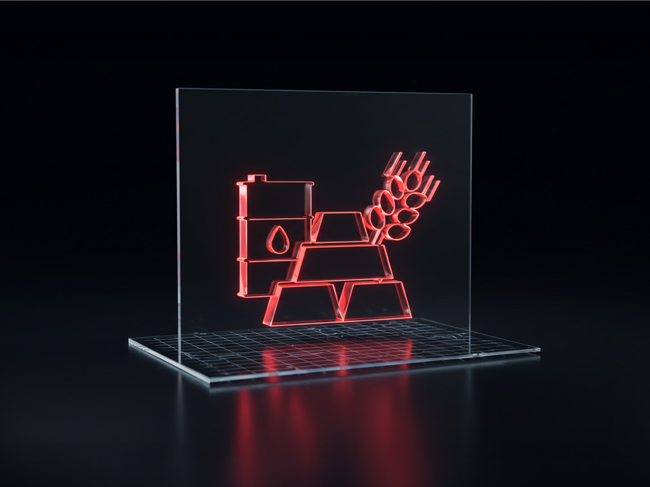 3D glowing icons of oil barrels, gold bars, and wheat displayed on a transparent grid, symbolising key assets in commodity trading.