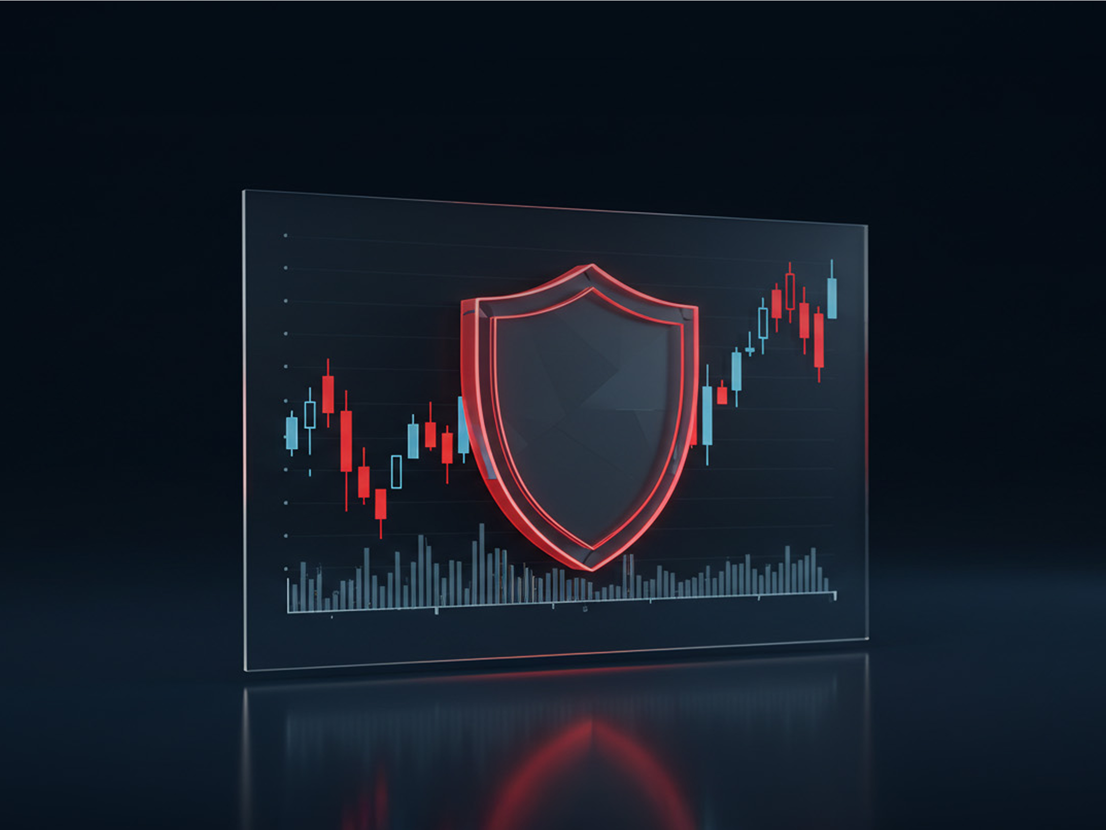 Digital candlestick chart with a glowing red shield overlay, representing protection strategies against market volatility.