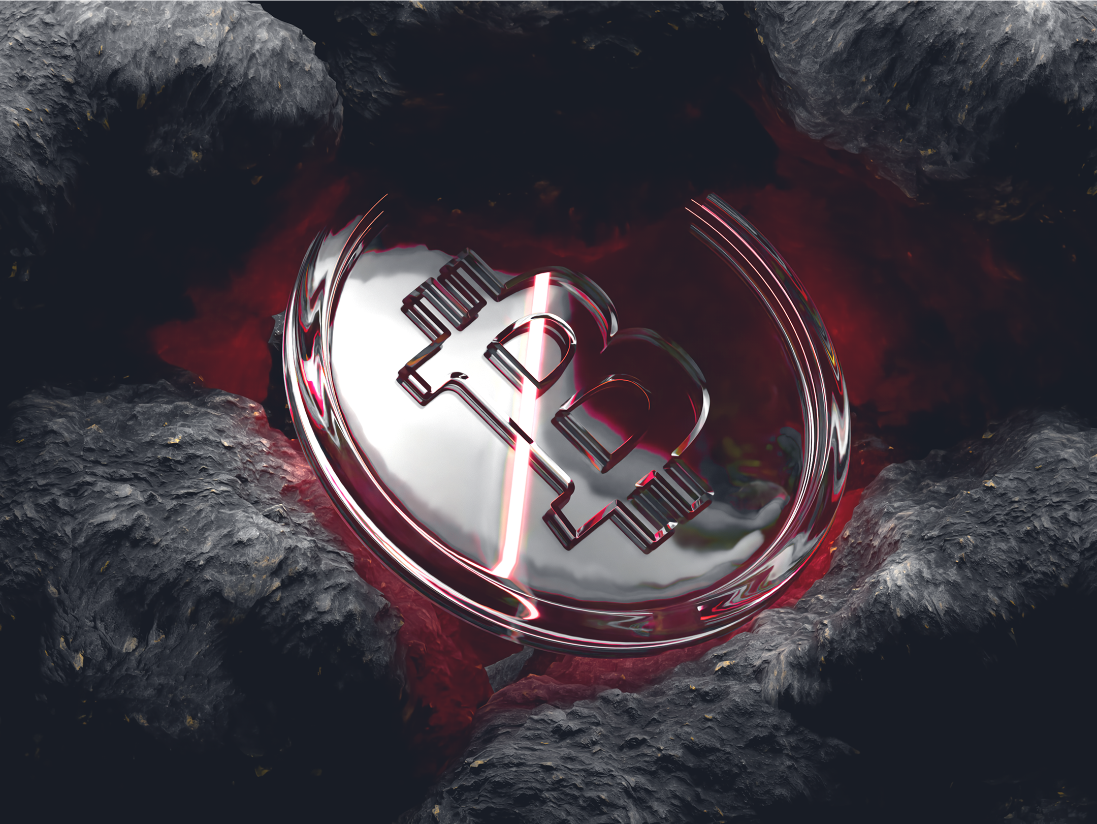 Symbole métallique de Bitcoin incrusté dans un terrain rocheux, illuminé d’une lumière rouge, représentant le concept de minage de cryptomonnaie.