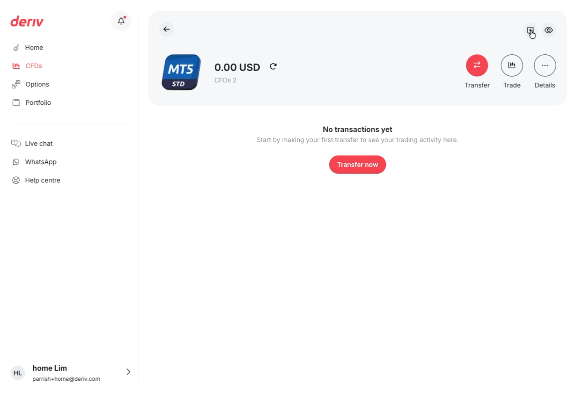 A screenshot of a Deriv MT5 Standard Account account management screen.