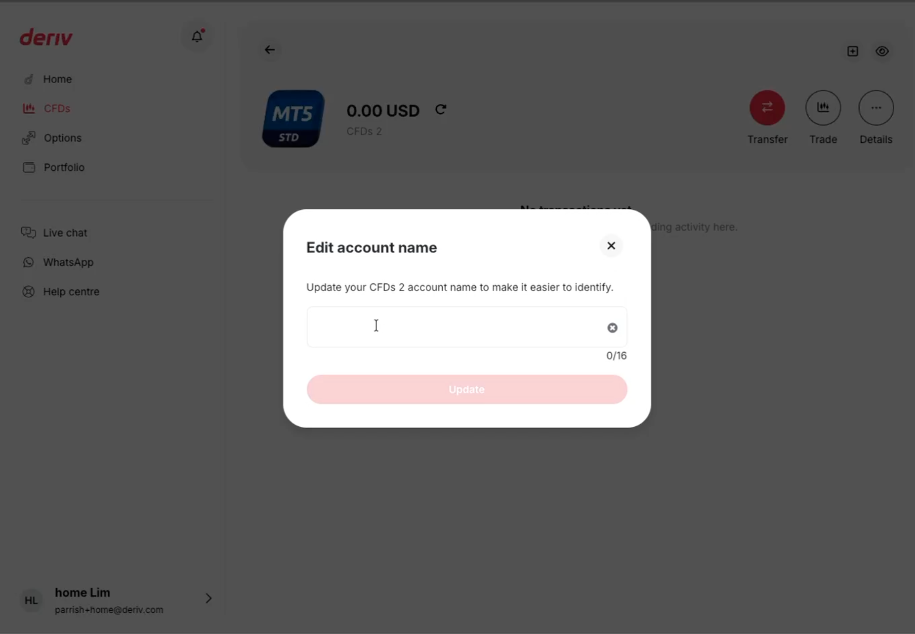 A visual showcasing the option to Edit Account Name on the Deriv account dashboard.