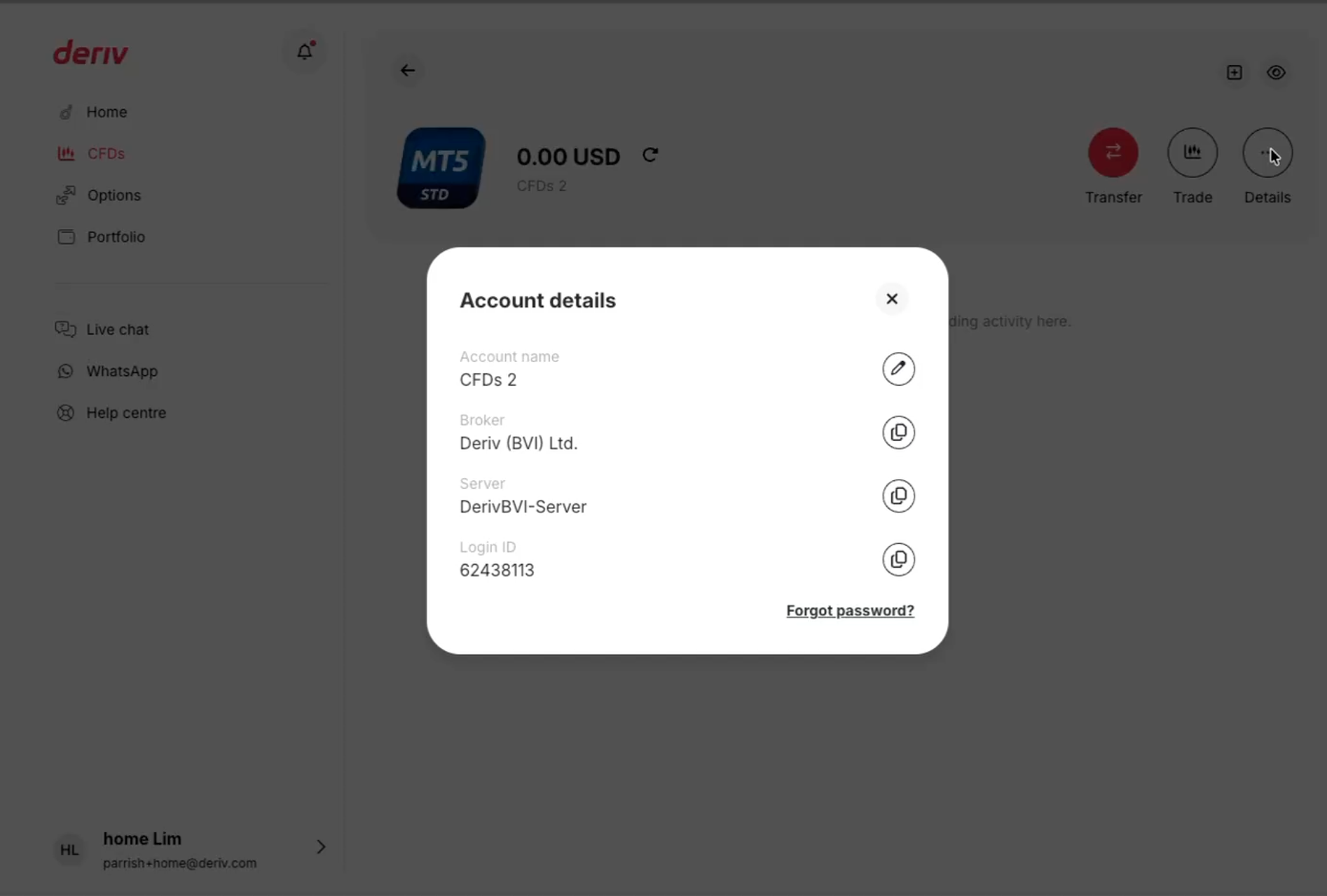 Screenshot of the Deriv dashboard with highlighted option to rename MT5 Standard accounts for easier account management.