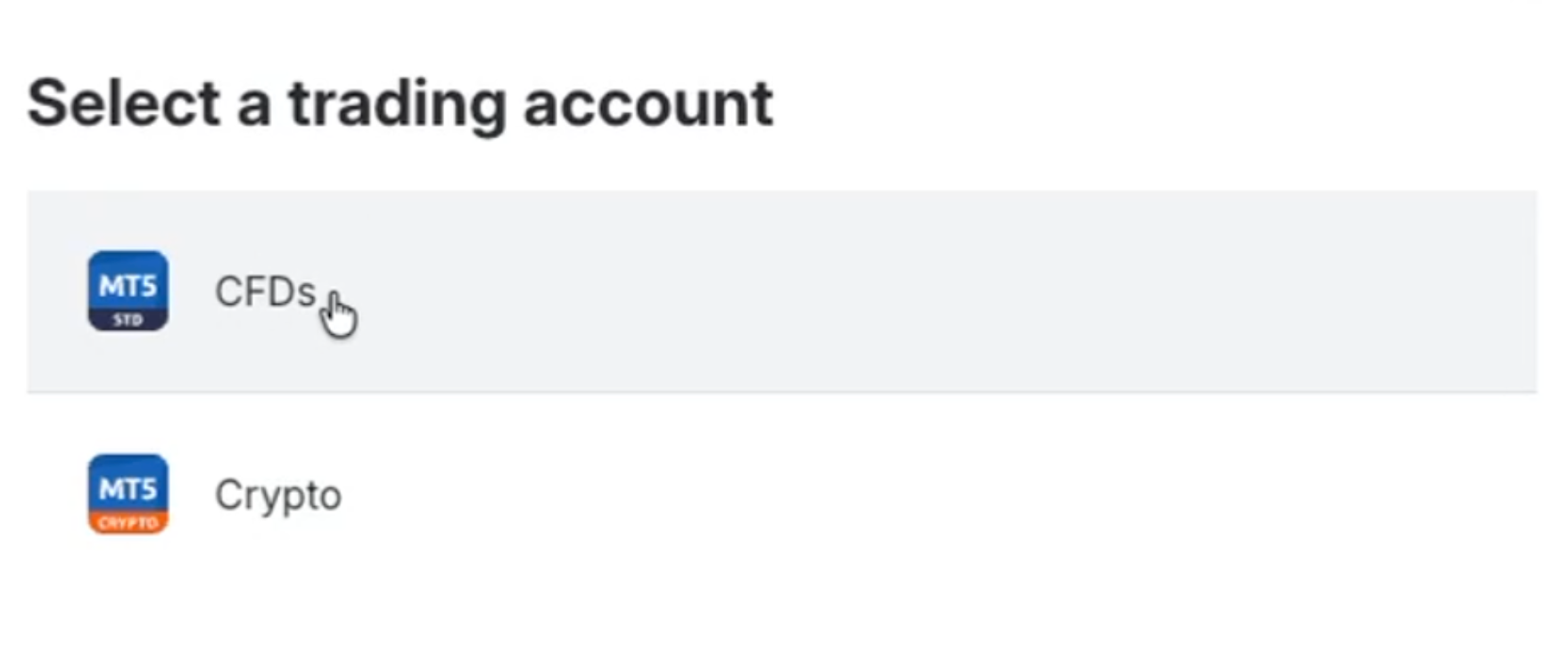 Image depicting available MT5 account types for a user to open on Deriv