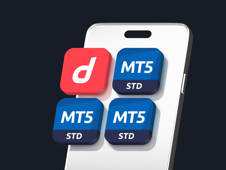 Smartphone screen showing Deriv logo and multiple MT5 Standard account icons, highlighting the ability to manage up to five MT5 Standard trading accounts on Deriv.