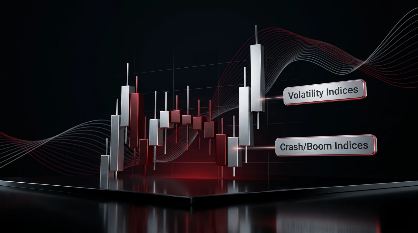 Candlestick chart showing Volatility Indices and Crash/Boom indices for Deriv synthetic index trading