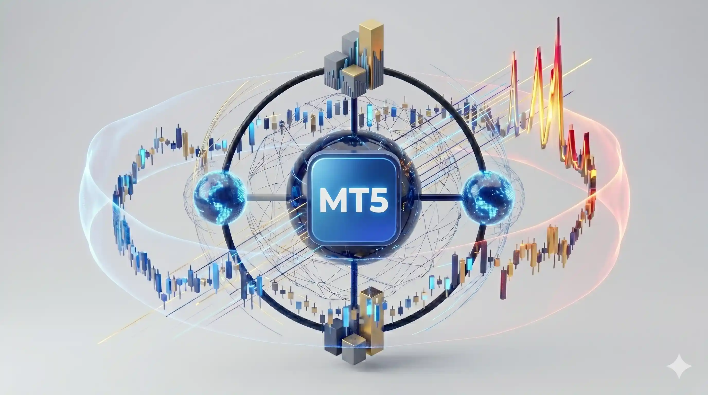 An abstract 3D financial illustration featuring a dark central globe surrounded by orbiting candlestick charts, glowing blue spheres, rising bar graphs, and dynamic, spiky lines representing high-frequency data and market volatility.