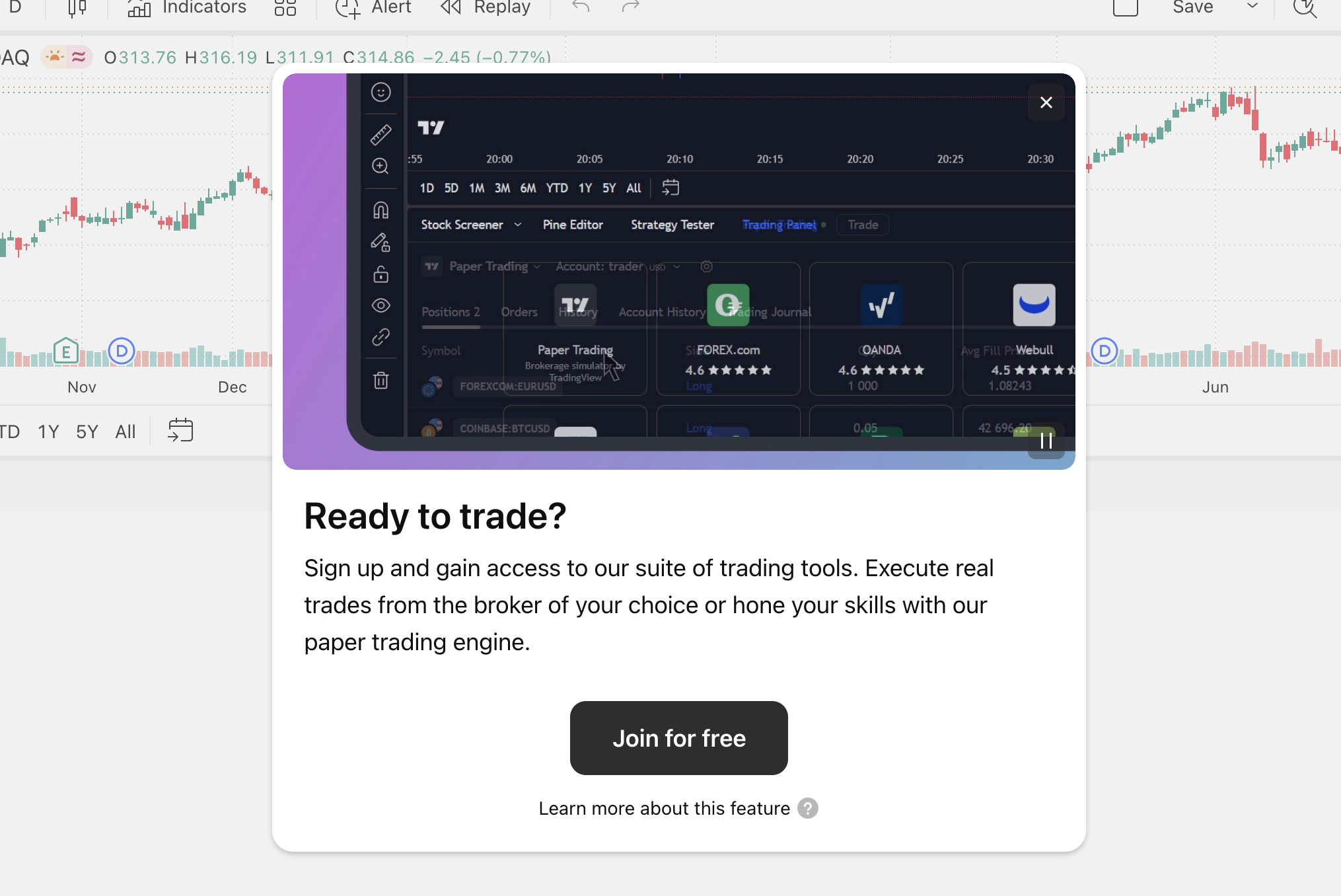 A white promotional pop-up modal on TradingView overlaid on a stock chart background. The top of the modal shows a dark UI preview of trading broker options like Paper Trading, FOREX.com, OANDA, and Webull. Below the preview, bold text reads 'Ready to trade?' followed by an invitation to execute real trades or use the paper trading engine, and a dark 'Join for free' button.