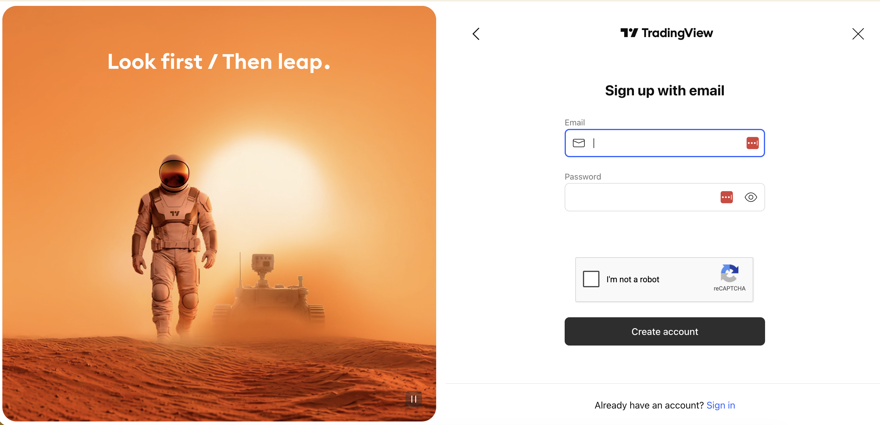 "TradingView 'Sign up with email' page split into two halves. The left side features a dusty orange illustration of an astronaut walking next to a rover on Mars under the slogan 'Look first / Then leap.' The right side displays a clean white sign-up form with input fields for Email and Password, a reCAPTCHA checkbox, and a dark button labeled 'Create account'."