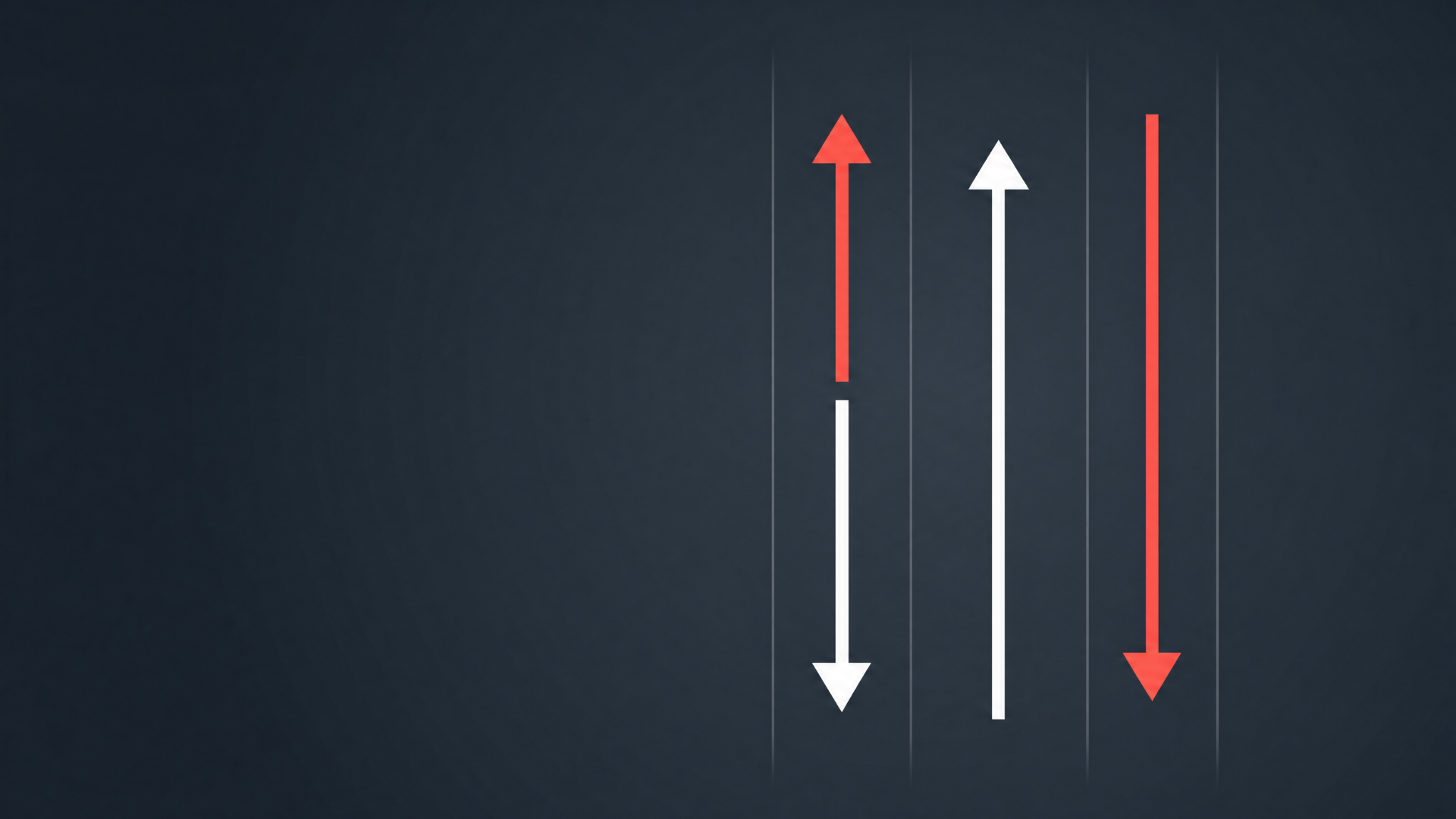 Three vertical arrows on a dark slate background. The first arrow is split — coral red pointing upwards and white pointing downwards — representing two opposing directions. The second arrow is solid white pointing upwards. The third arrow is solid coral red pointing downwards. The image illustrates the concept of predictable versus unpredictable price movement direction.