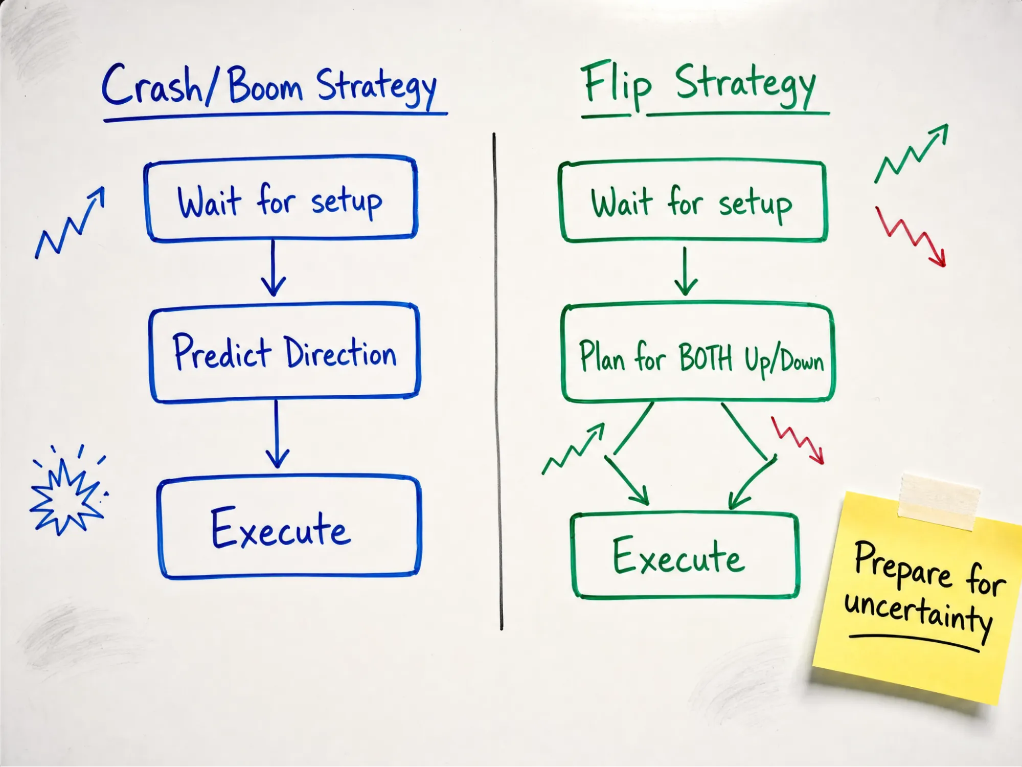 Flowchart comparing strategy approaches between predictable Crash/Boom indices and uncertain Flip indices.