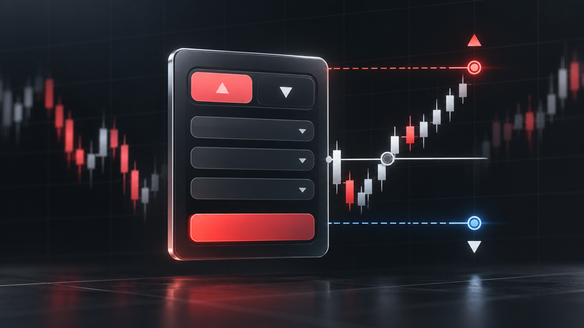 A dark trading interface with an order panel, candlestick chart, and highlighted entry, take-profit, and stop-loss levels.