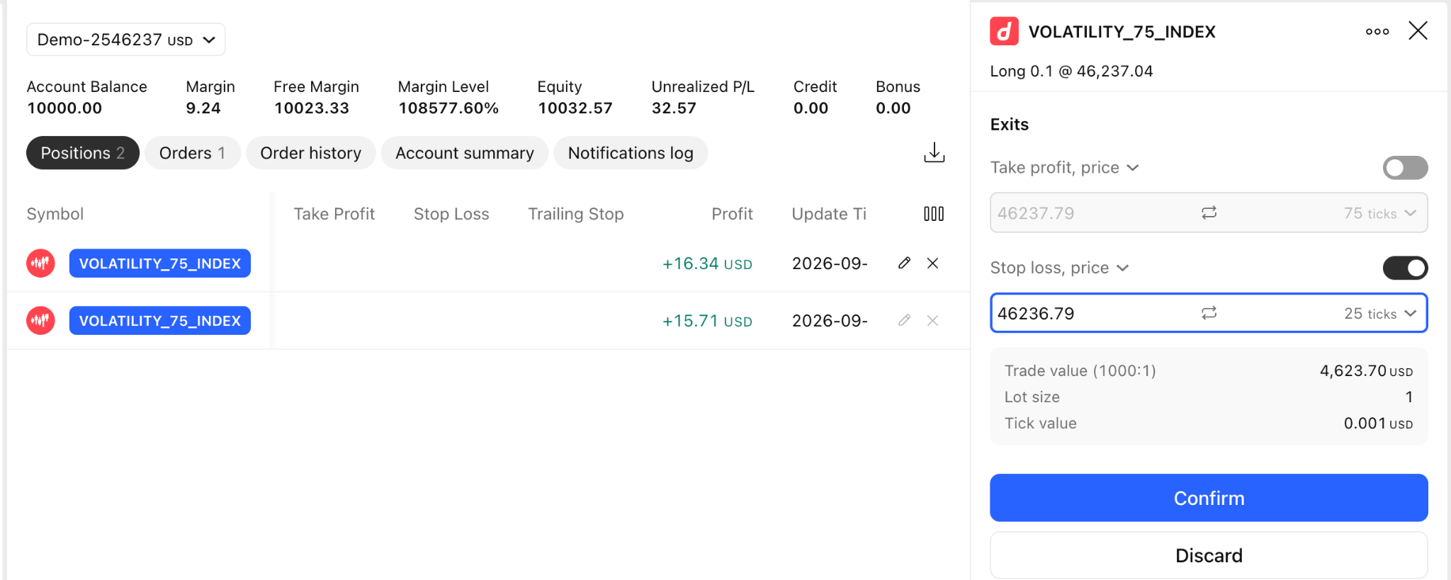 TradingView order modification interface showing position details and controls for adjusting protective order levels.