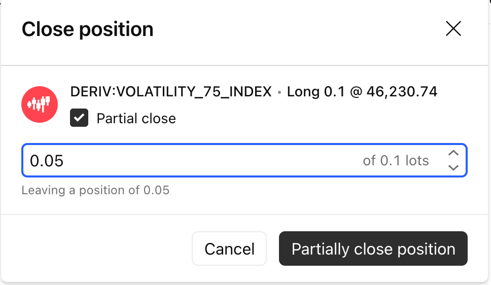 TradingView dialog window with options to close all or part of a position and confirm.