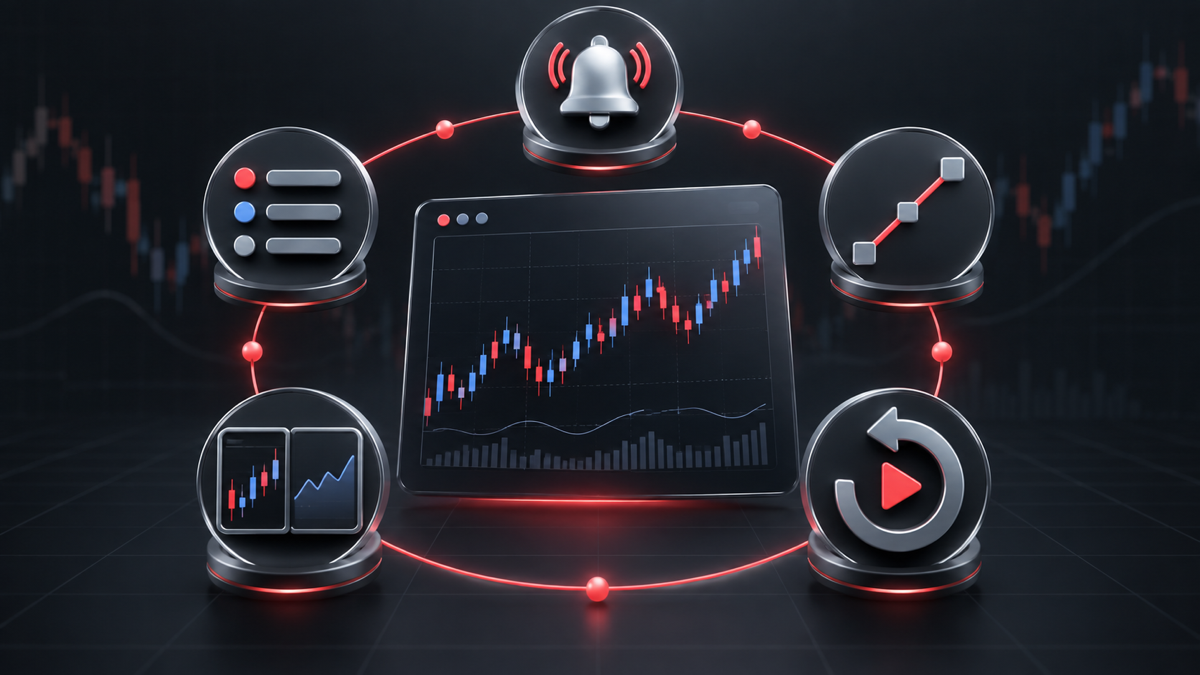 A trading chart surrounded by icons representing a watchlist, alerts, drawing tools, chart layouts, and Bar Replay.