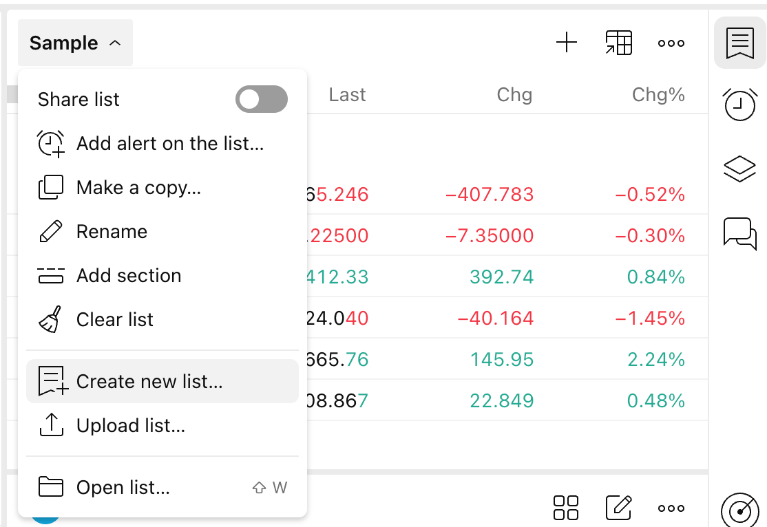 TradingView Watchlist panel showing an open menu with the create new list option highlighted.