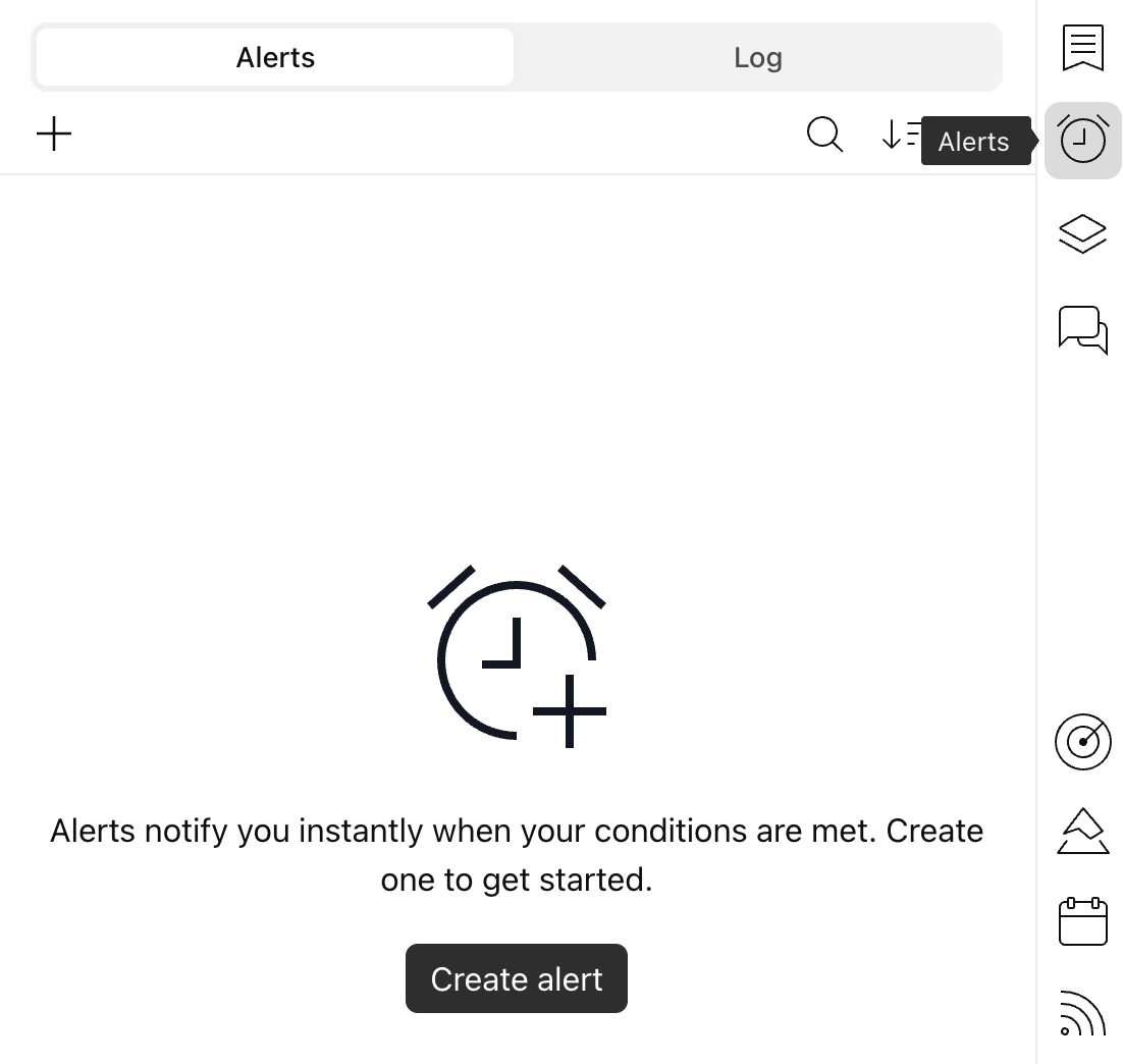 TradingView alerts panel and Create Alert control for configuring a chart condition.