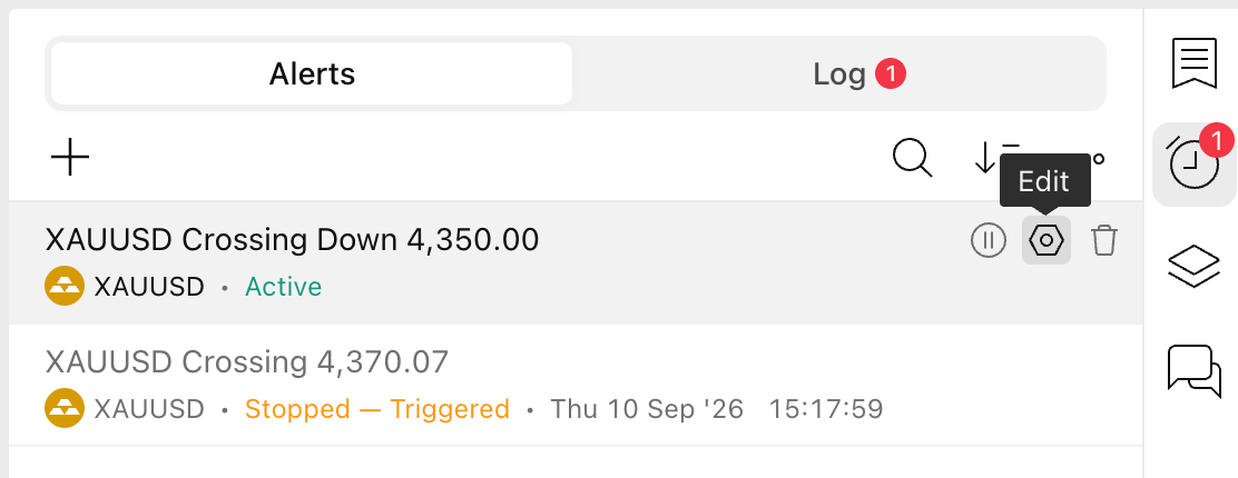 TradingView Alerts Manager showing an alerts list with controls for reviewing and managing active or triggered alerts.