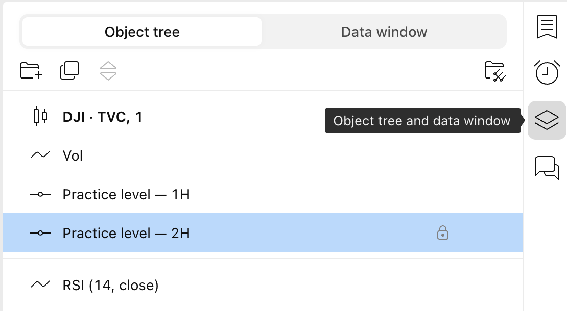 A TradingView panel displays an object tree with named chart drawings and a lock icon.