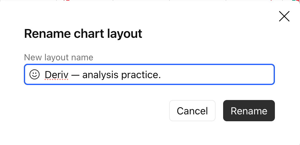 TradingView dialog box for renaming a chart layout with a custom name entered in the input field.
