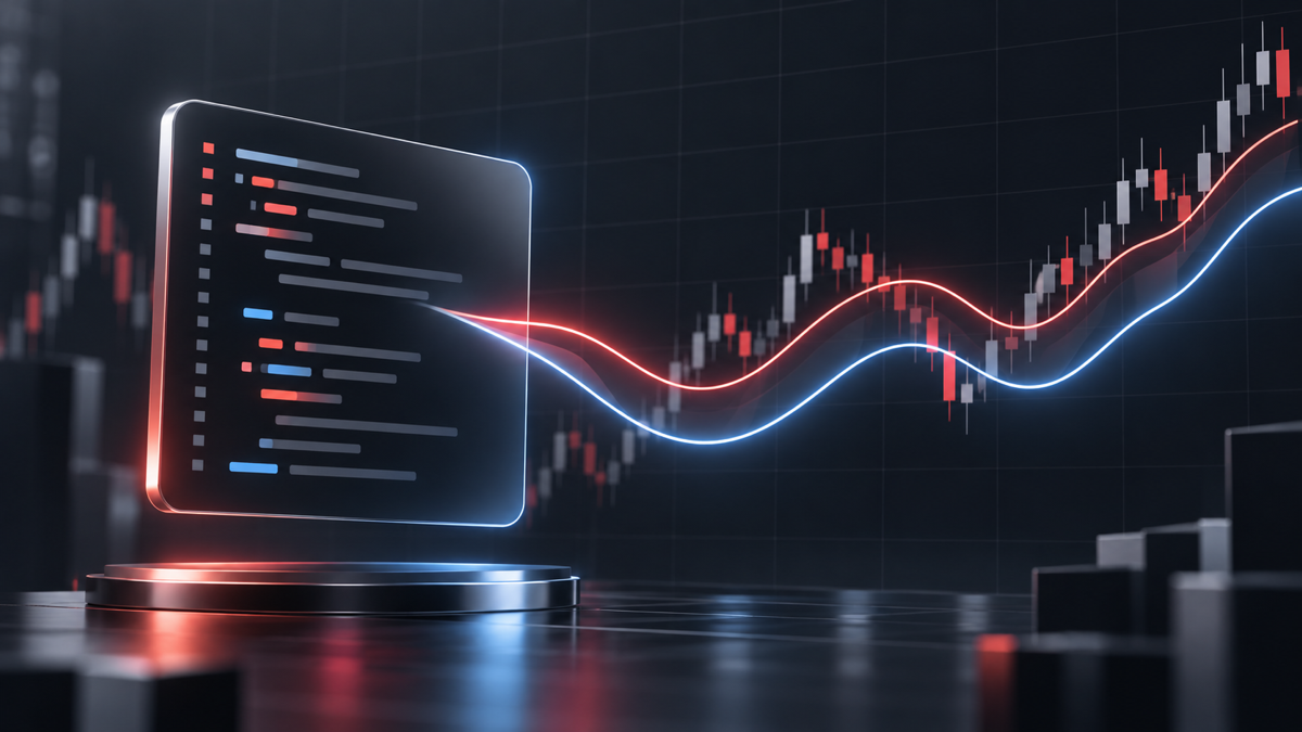 A dark code panel beside a candlestick chart, with red and blue indicator lines flowing across the market data.