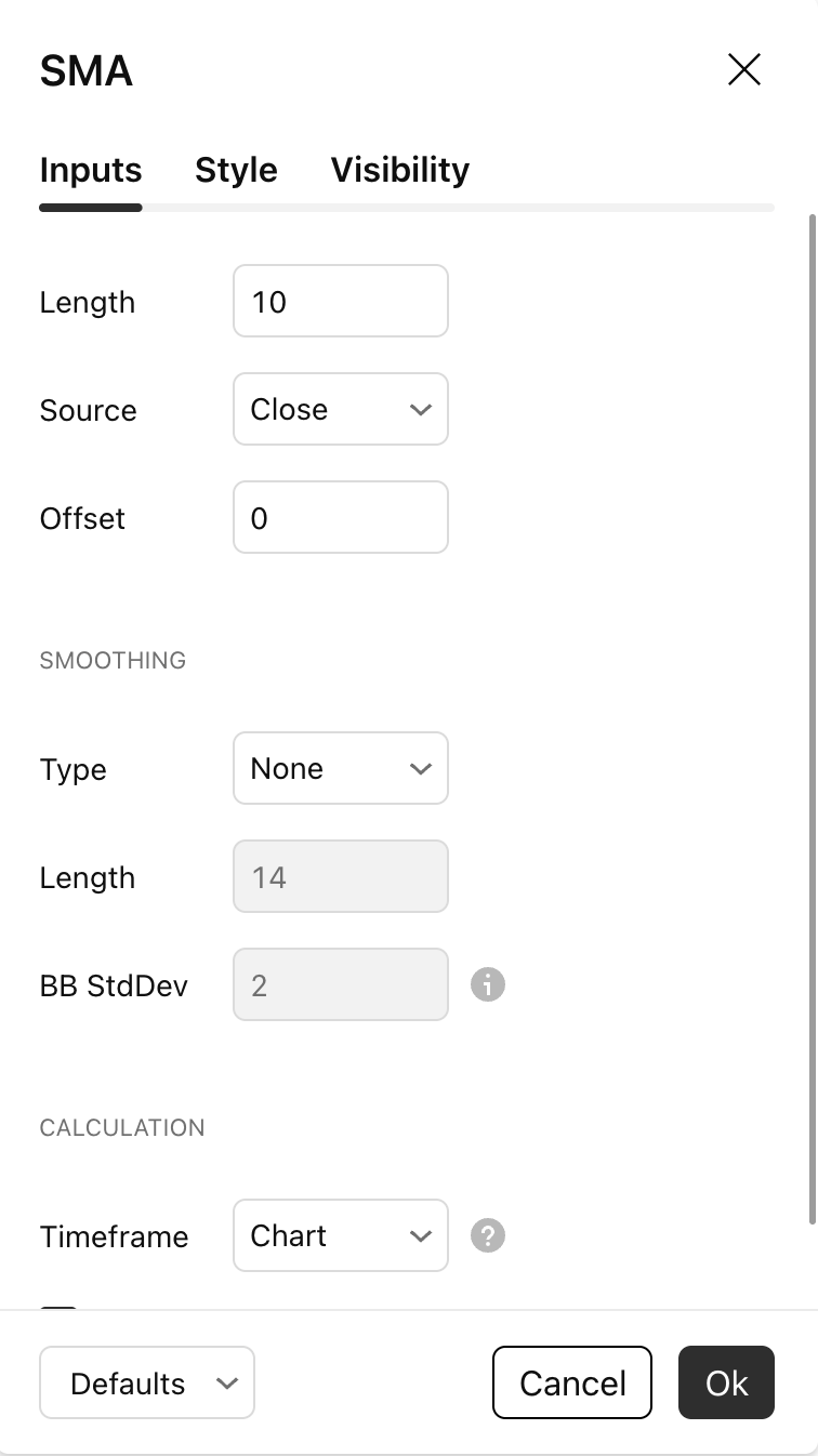 A TradingView indicator style settings panel showing display controls, output-value options, and visibility settings.