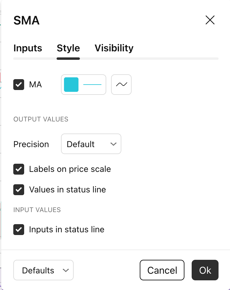 TradingView indicator settings showing Inputs, Style, and Visibility controls.