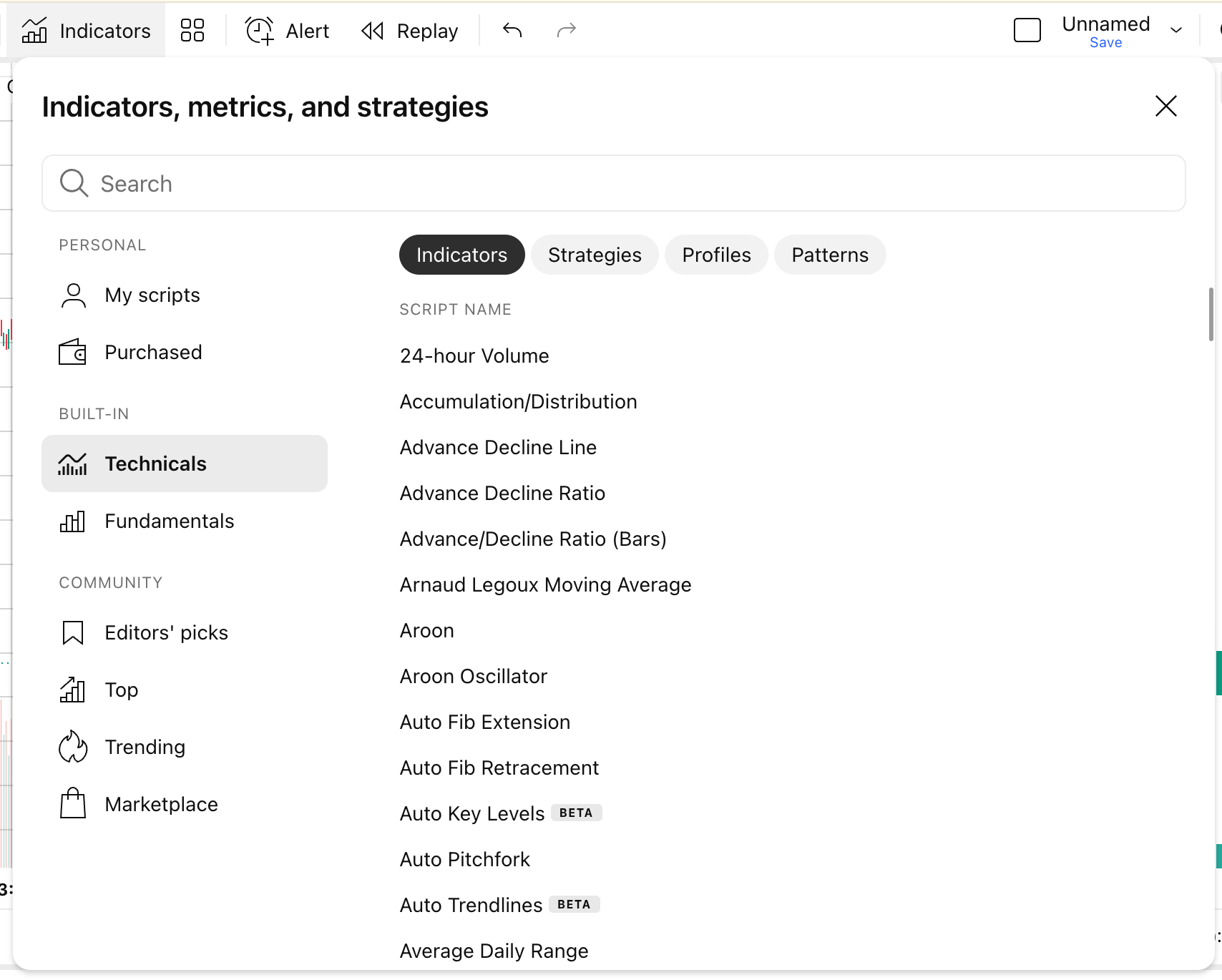 TradingView indicators window with search bar, category navigation, and a list of technical indicators.