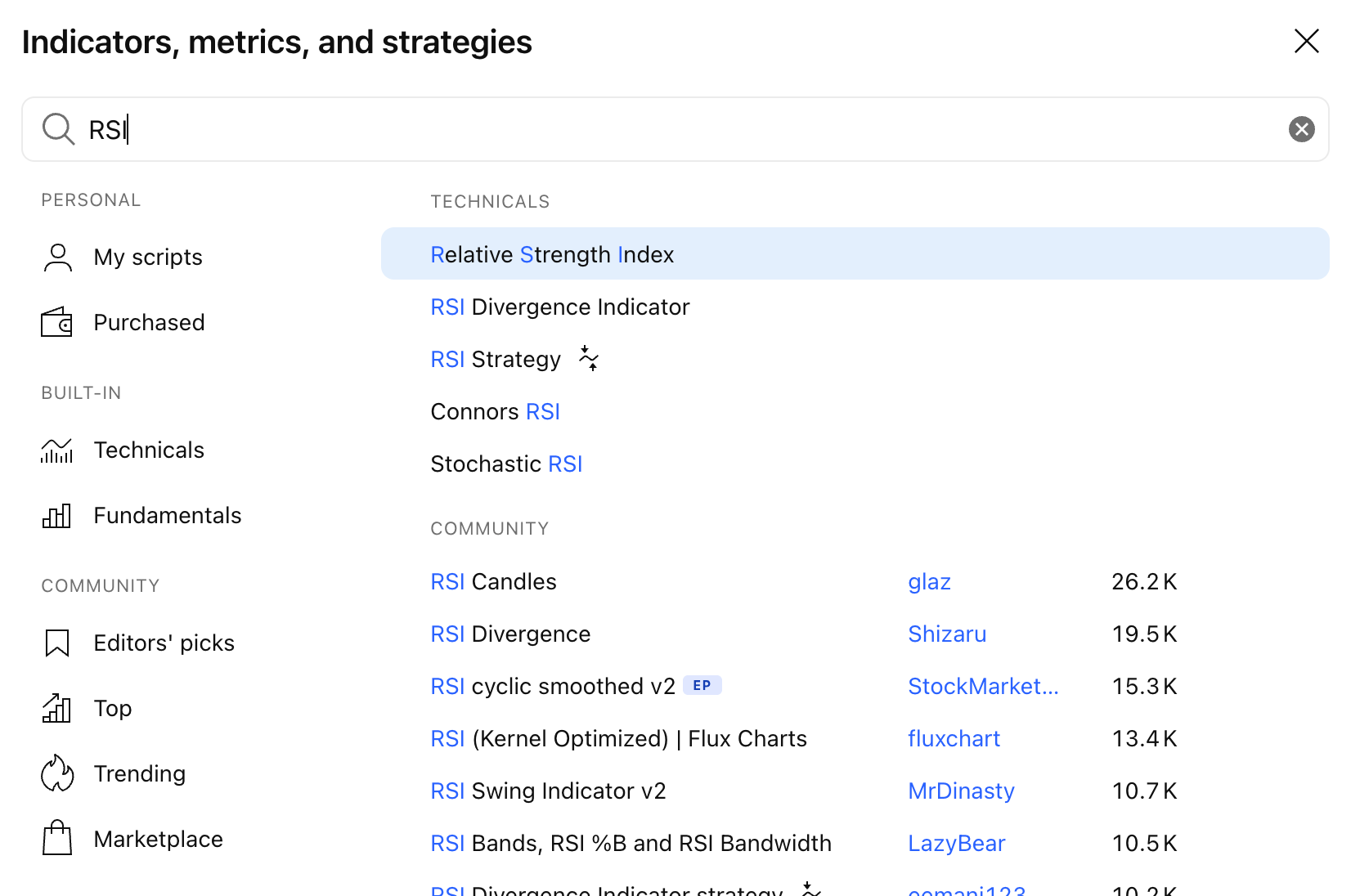 TradingView search window showing RSI and a list of related technical and community scripts.