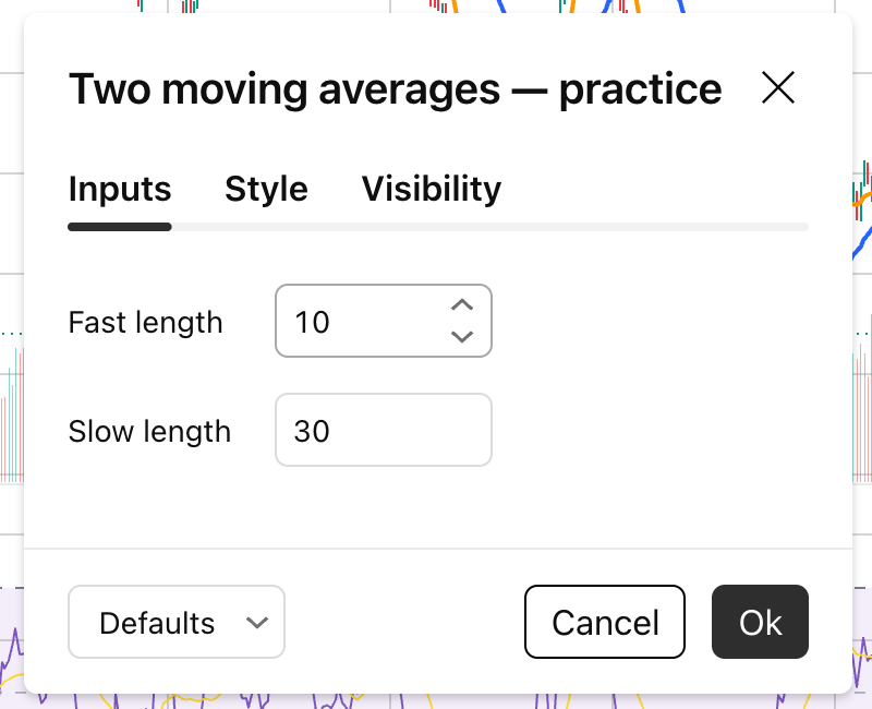Fast and slow length settings for a custom two-moving-average Pine indicator.