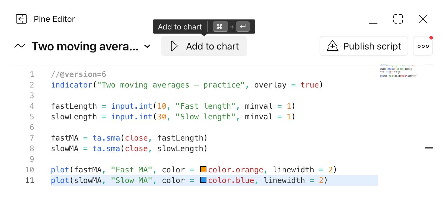 Pine Editor screenshot displaying code and editor controls for a practice script.