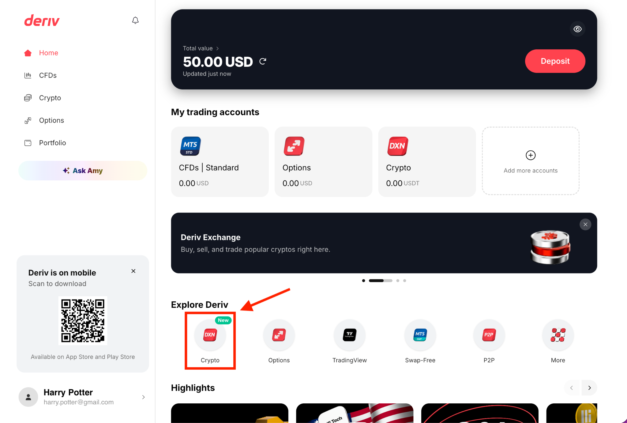 واجهة Deriv Trader's Hub تُبرز بلاطة Crypto ضمن قسم Explore Deriv بسهم أحمر ومربع أحمر.