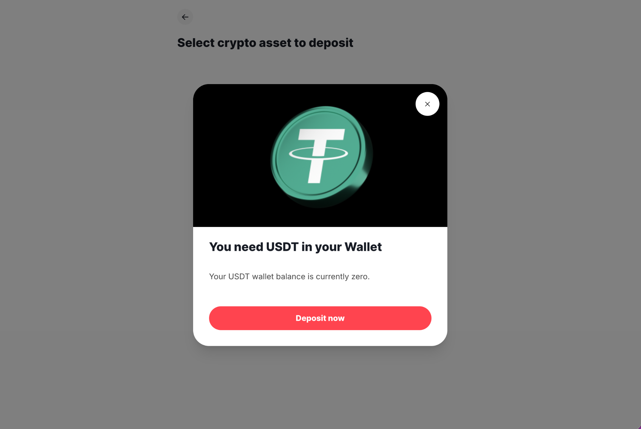 نافذة منبثقة تطالبك بإيداع USDT في Deriv Wallet.
