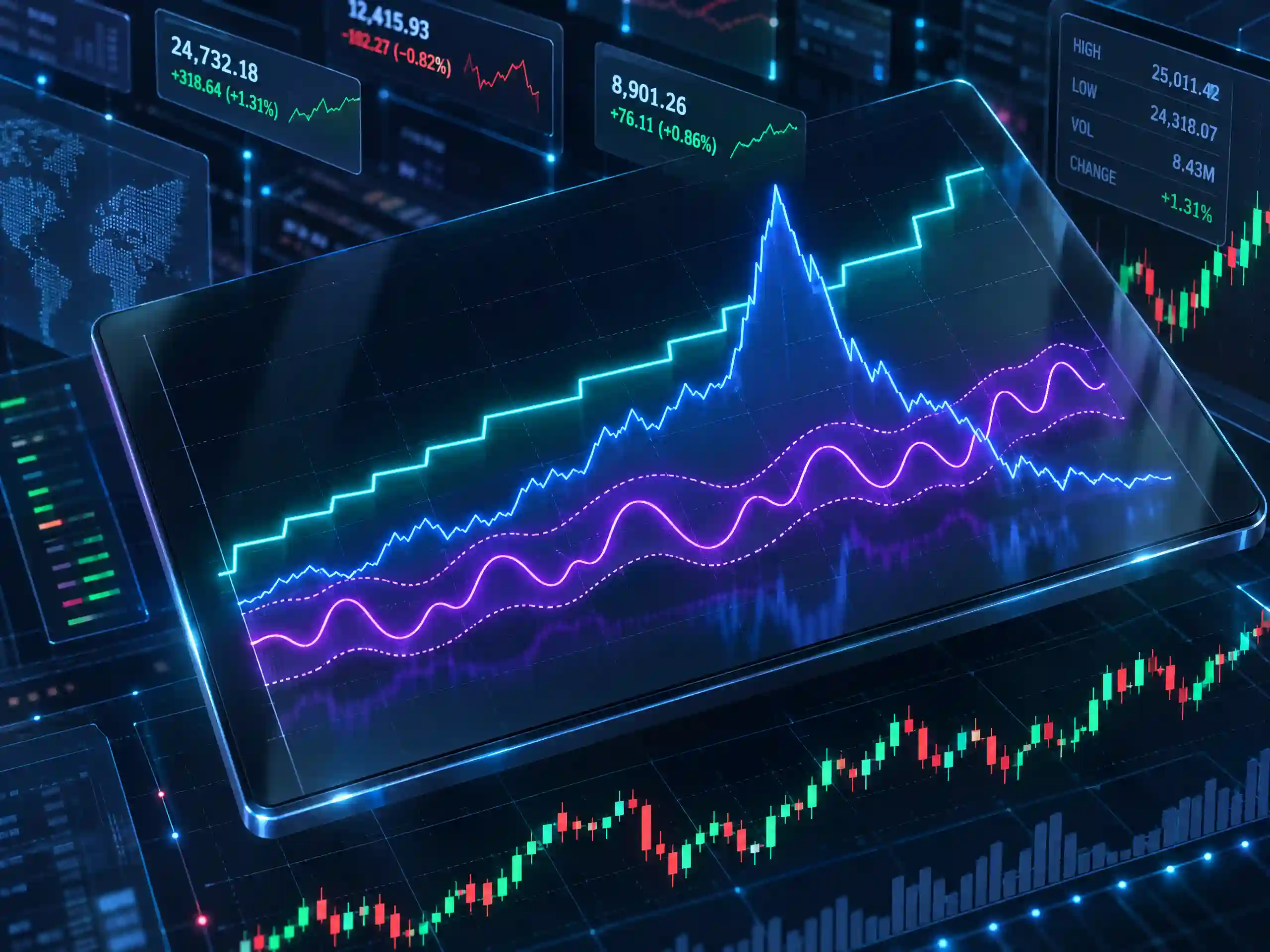 لوحة تداول رقمية تعرض مخططات مالية بأنماط مؤشرات derived مميزة، تشمل قنوات تذبذب التقلبات ومستويات الأسعار المتدرجة.