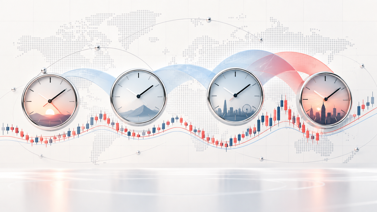 Four clocks representing global forex sessions connected by overlapping time bands above a fluctuating candlestick chart.