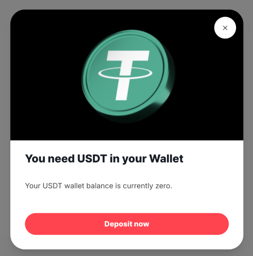 Pop-up modal prompting to deposit USDT into the Deriv Wallet.