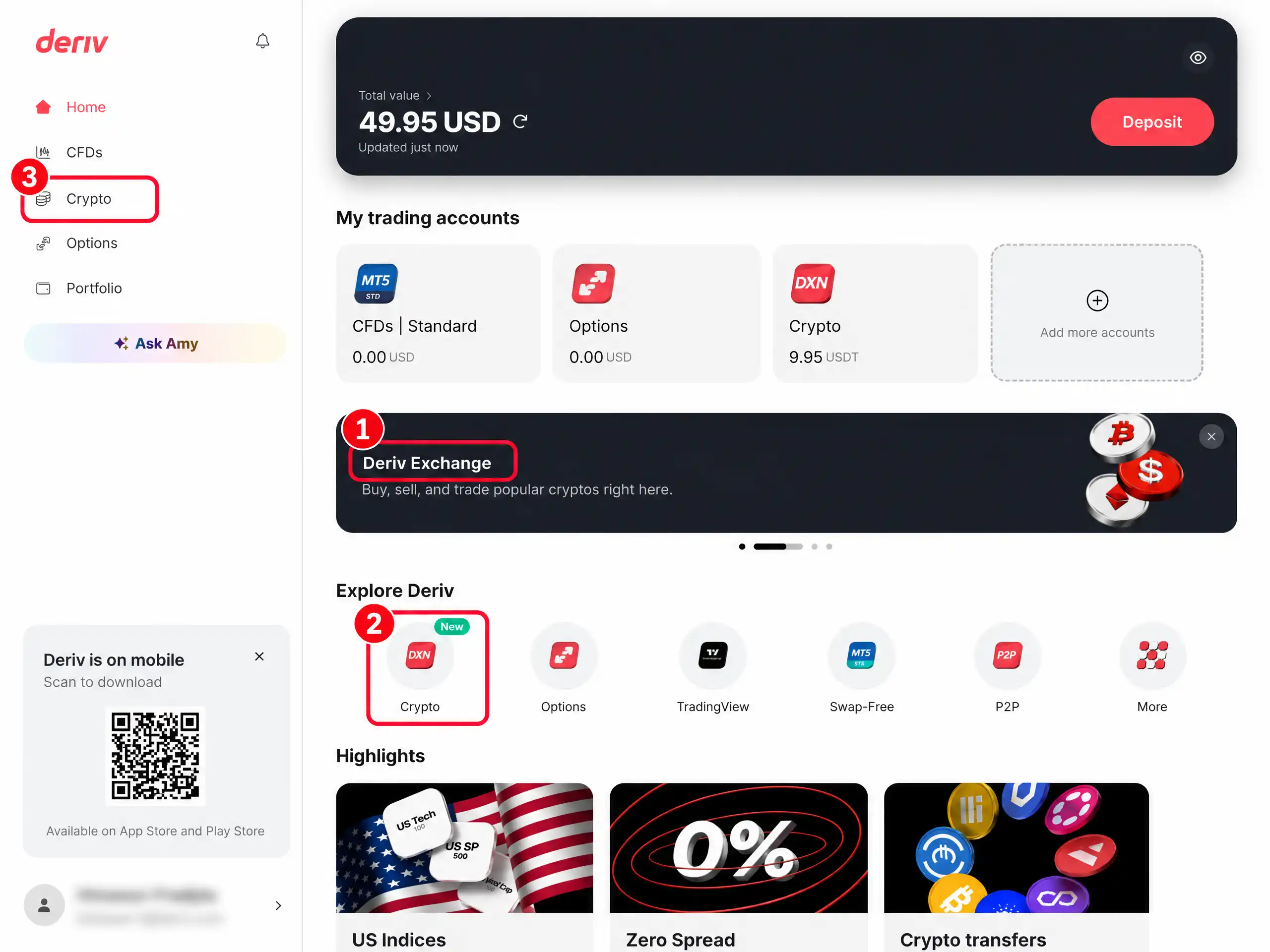 Deriv dashboard showing three entry points to access the Exchange section: the Deriv Exchange banner, the Crypto tile in Explore Deriv, and the Crypto option in the sidebar menu.