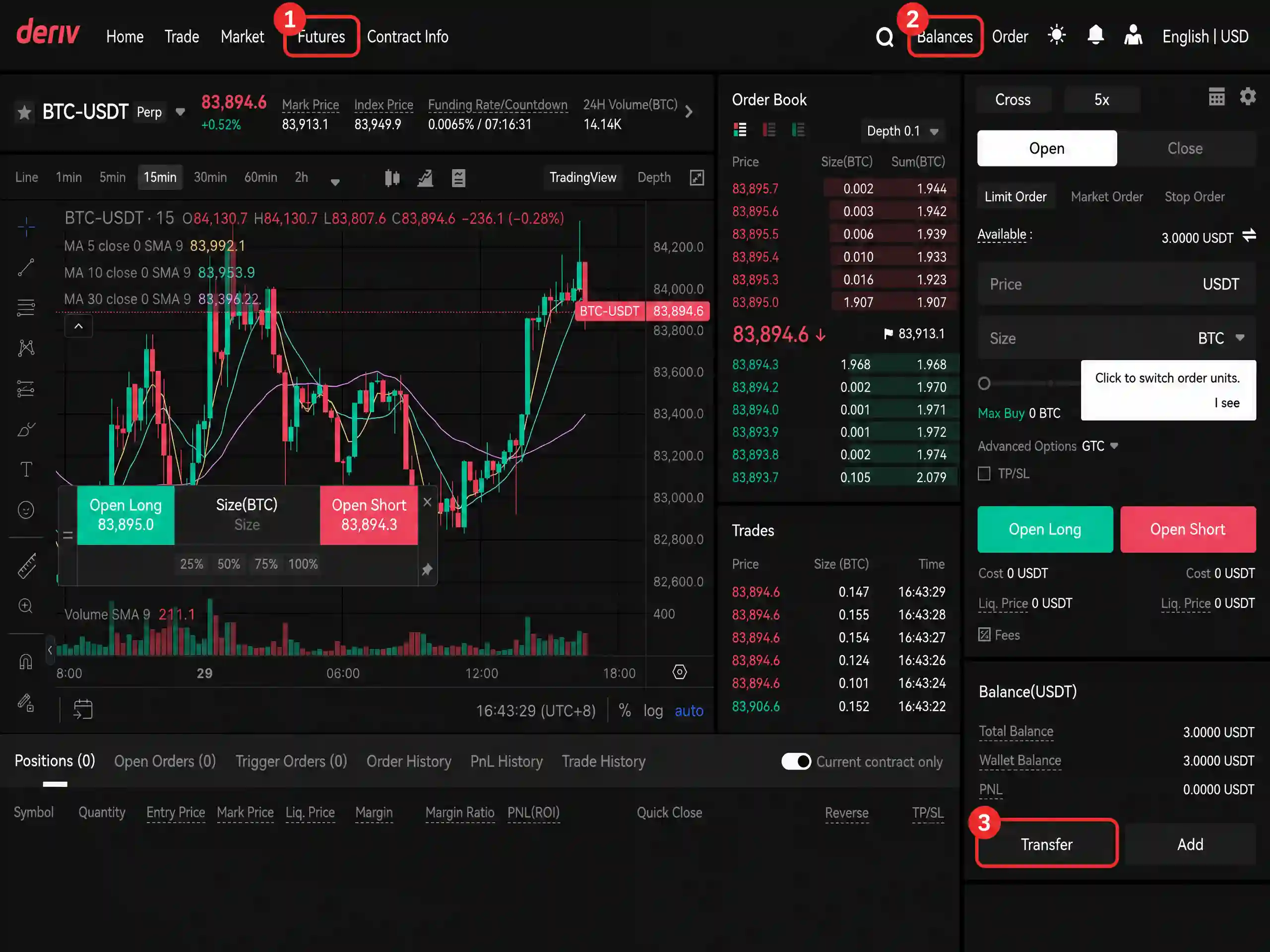 Advanced mode interface displaying three ways to top up a Futures account: Futures tab, Balances menu, and Transfer button.