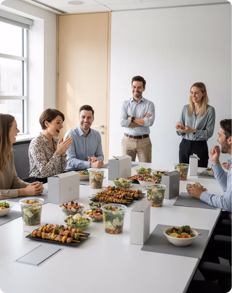 Meals arrive ready to serve at your location. Your team eats well. You look like a hero.