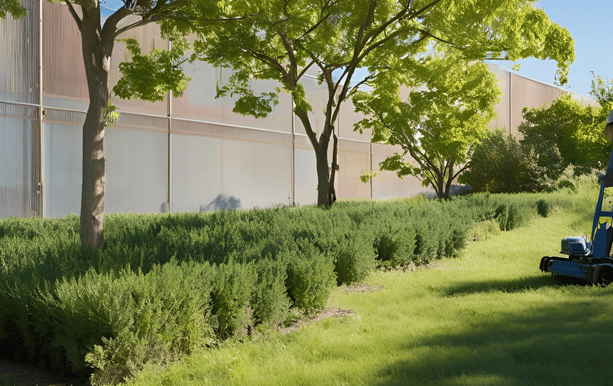 Activescapes team maintains shrubs and lawn around a commercial facility in Woods Cross to ensure a clean, professional exterior