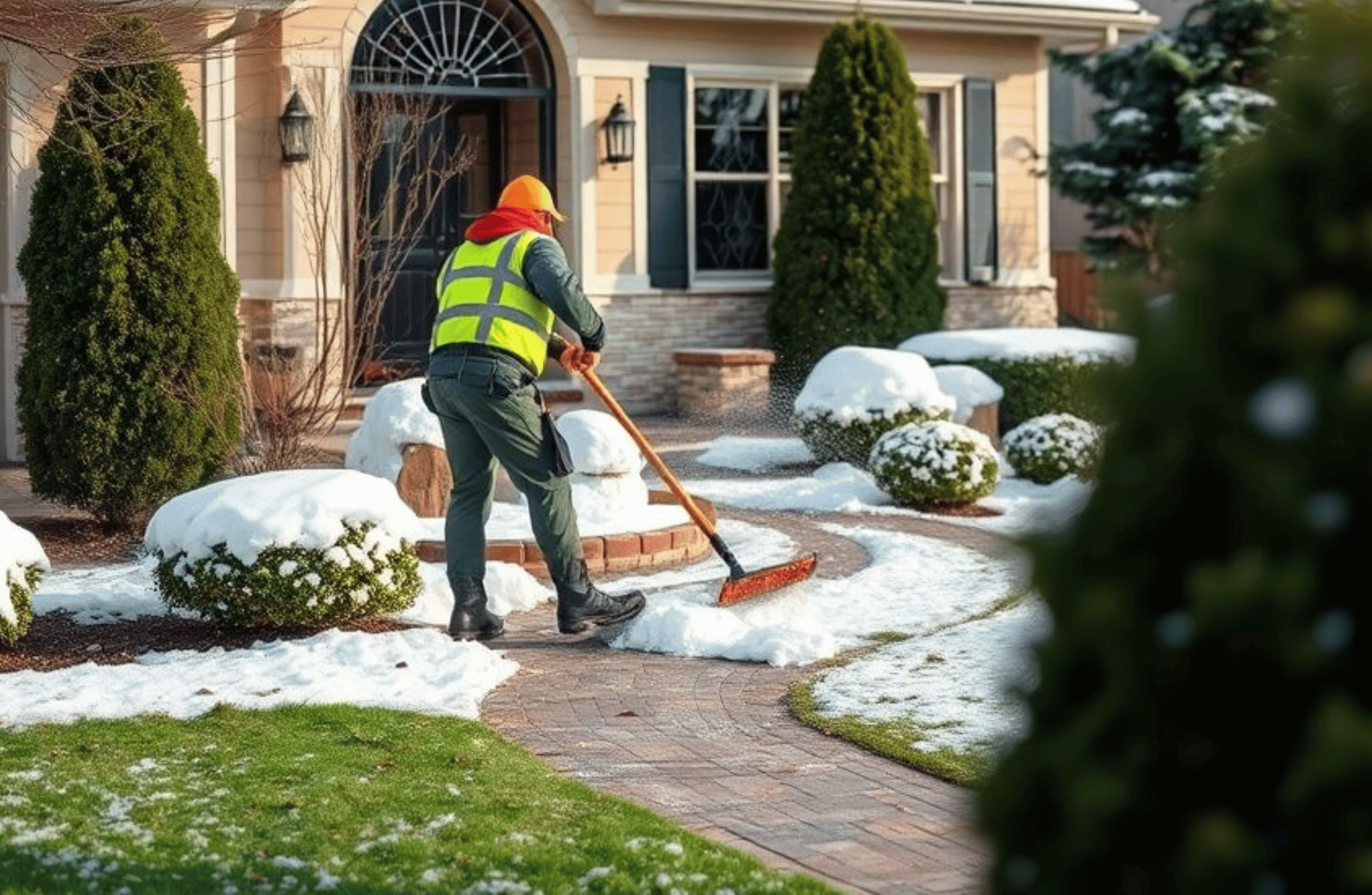 Activescapes Landscaping expert clearing snow from walkway at a Woods Cross home to ensure winter safety and curb appeal