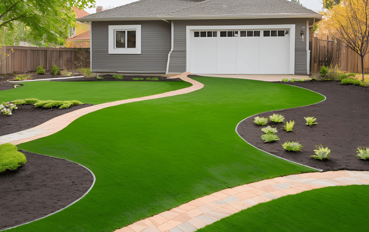 Artificial grass in a backyard alongside a driveway, showcasing landscaping by Activescapes