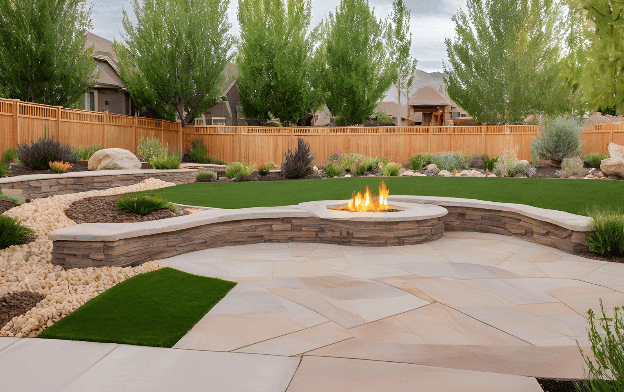 Custom fire pit with stone patio and lush landscape by Activescapes Landscaping in Centerville UT.